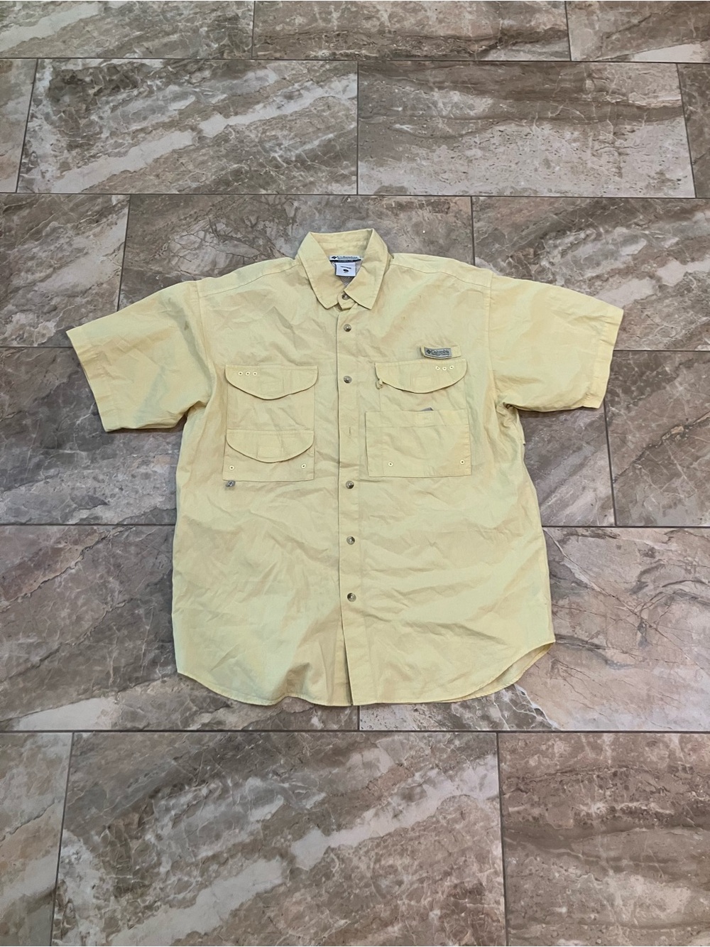 Columbia PFG Fishing Shirt Mens S Button Up Short Sleeve Vented Outdoor Yellow